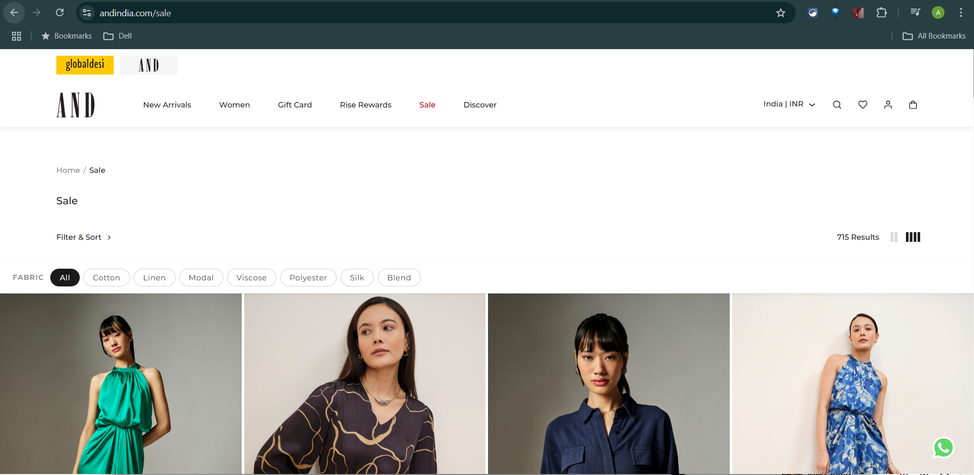 The same sale page with a FABRIC filter bar added by the extension, offering All, Cotton, Linen, Modal, Viscose, Polyester, Silk, and Blend