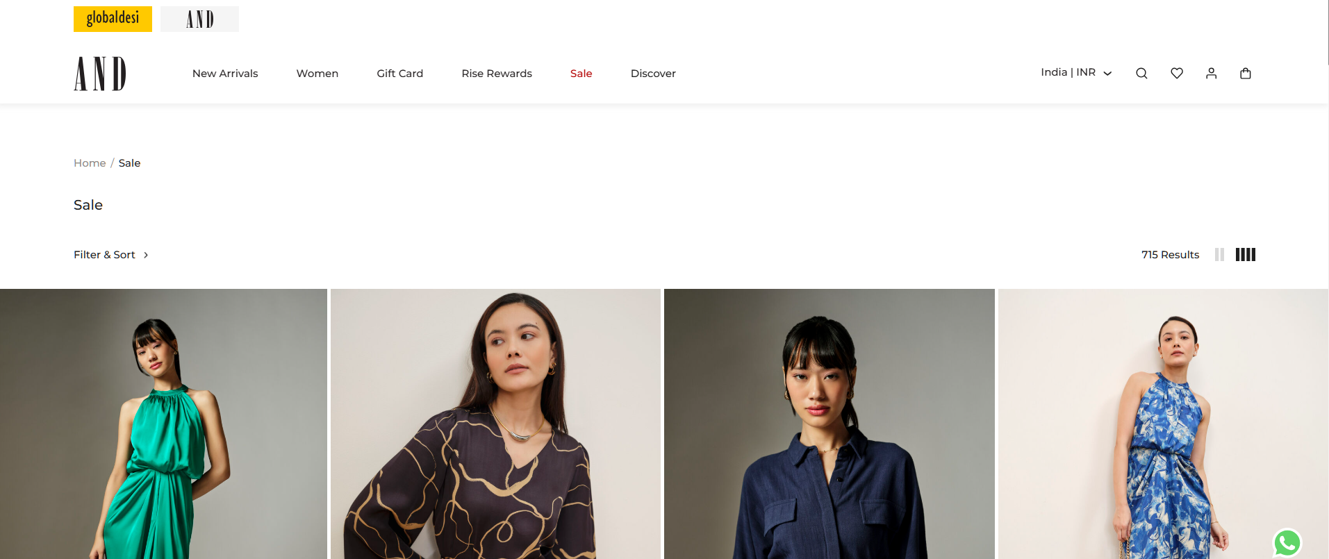 The AND India sale page as it ships, with Filter & Sort and 715 results but no way to filter by fabric