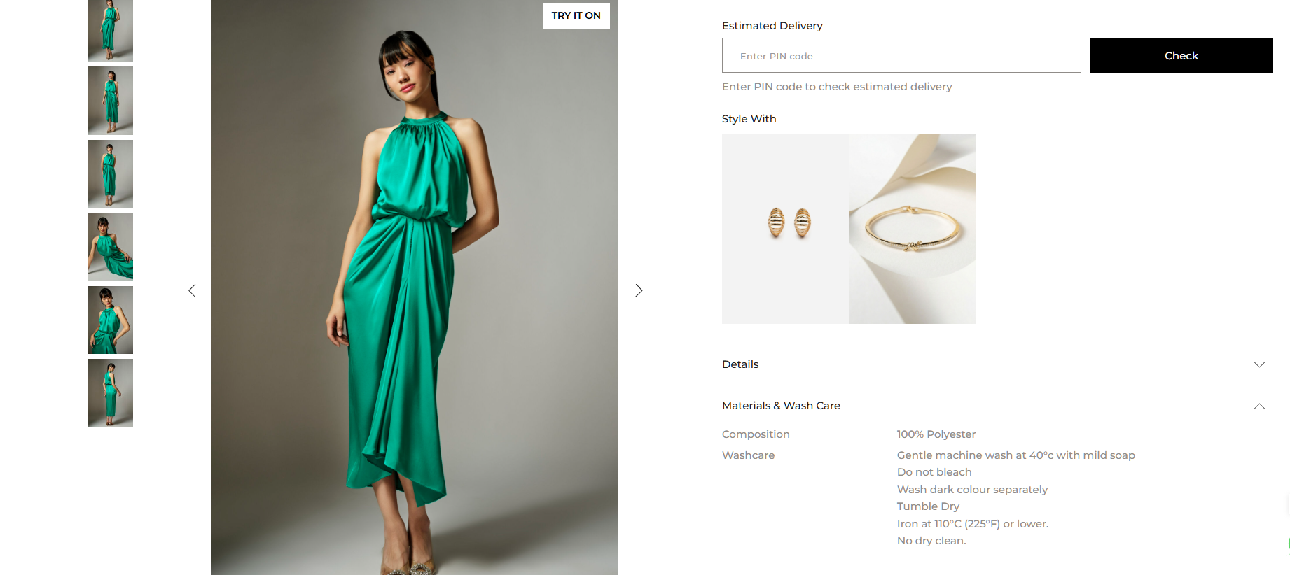 A product page with the fabric composition hidden inside the Materials & Wash Care section, reading 100% Polyester